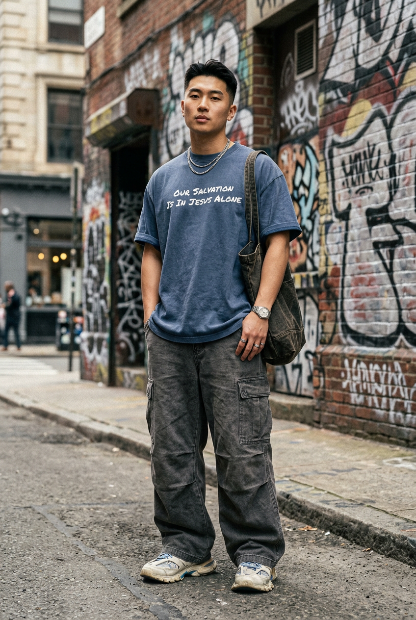 Through Jesus Alone Oversized Graphic Tee – Premium Heavyweight Christian Streetwear