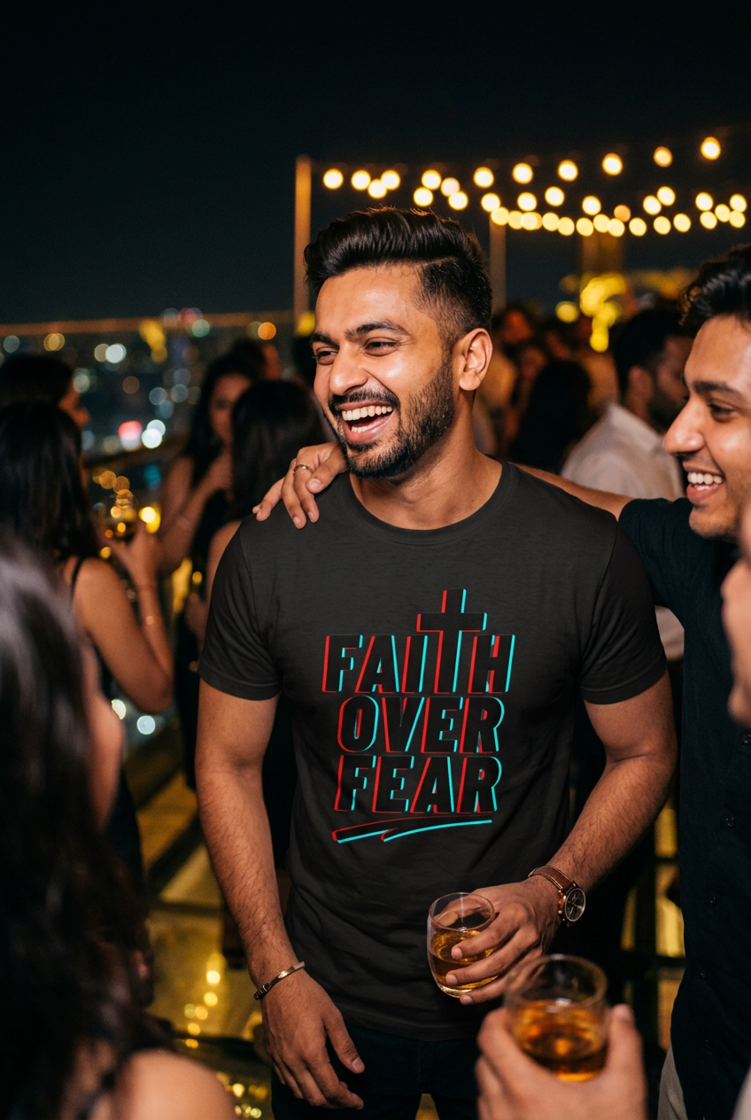 Faith Over Fear glitch effect graphic tee